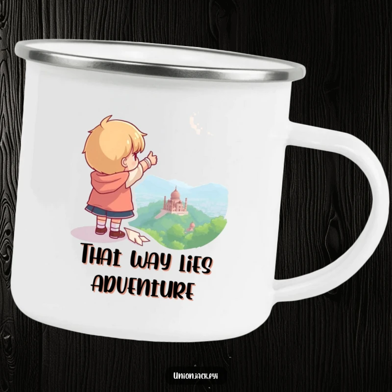 Funny camping mug featuring a character pointing towards a distant landmark, perfect for outdoor enthusiasts.