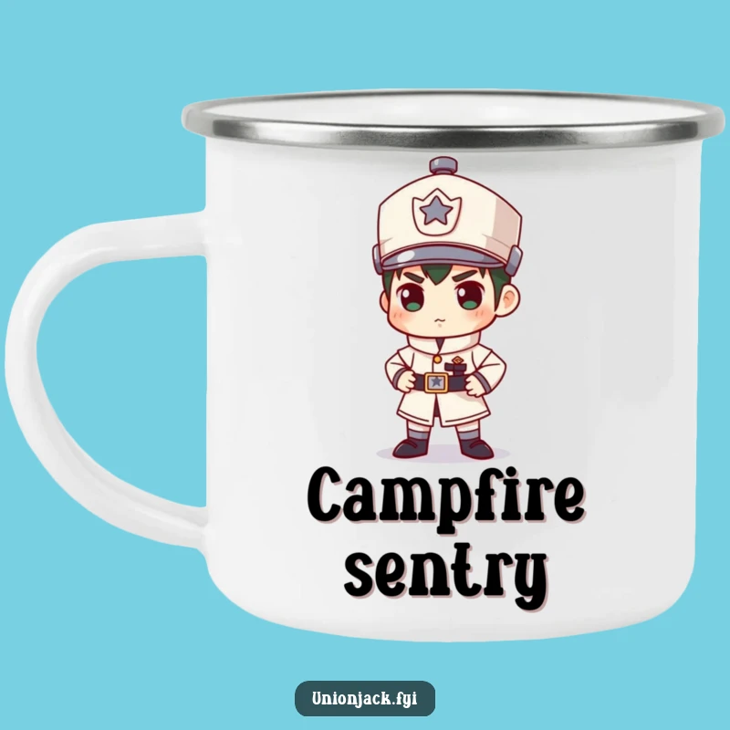 Funny Guard Campfire Mug: Character's Stiff Stance, Outdoor Humor Gift!