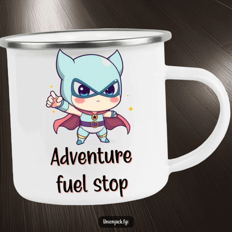 Funny camping mug showcasing a cute character in a heroic pose, perfect for outdoor enthusiasts.