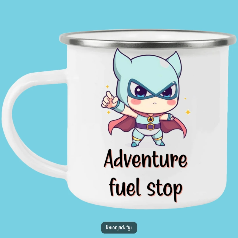 Funny Heroic Camping Mug: Cute Character's Trail-Ready Pose, Outdoor Funny Gift