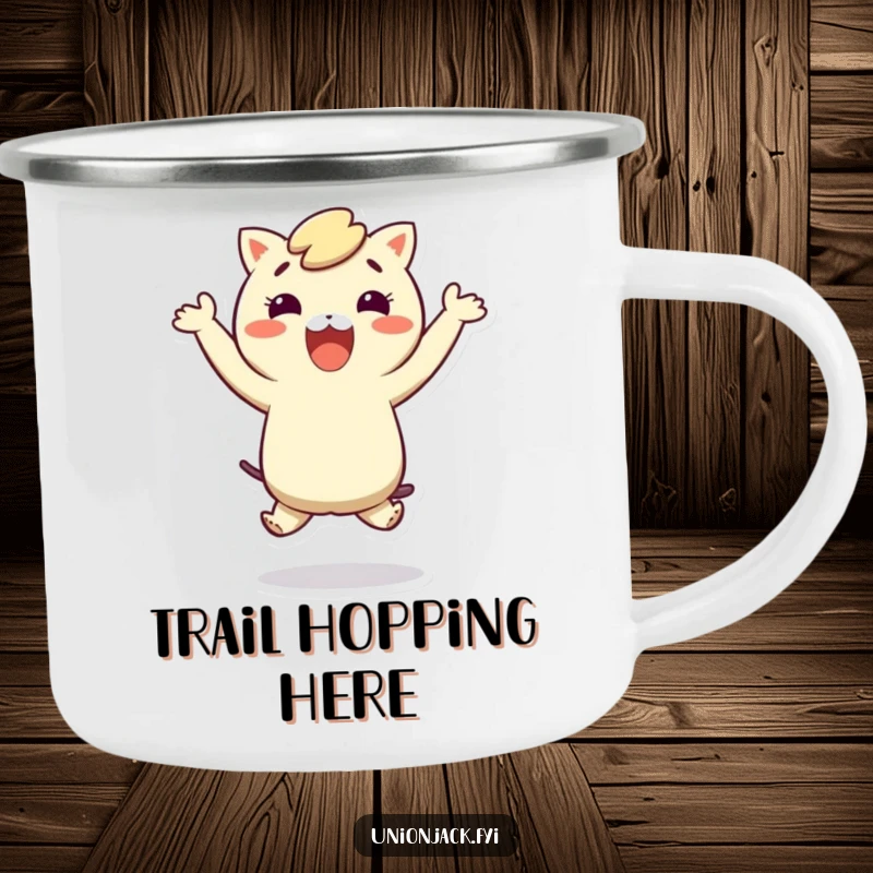 Funny camping mug showing a character in a silly, energetic hop, suitable for outdoor enthusiasts.
