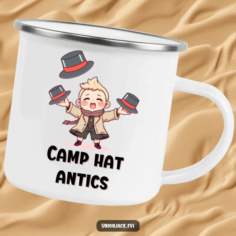Funny camping mug with a character playfully juggling tiny bowler hats, perfect for humorous outdoor drinks.