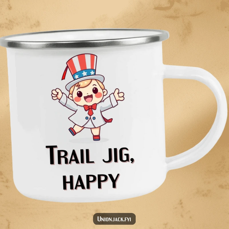 Funny camping mug featuring a happy character doing a patriotic jig, perfect for festive outdoor enjoyment.