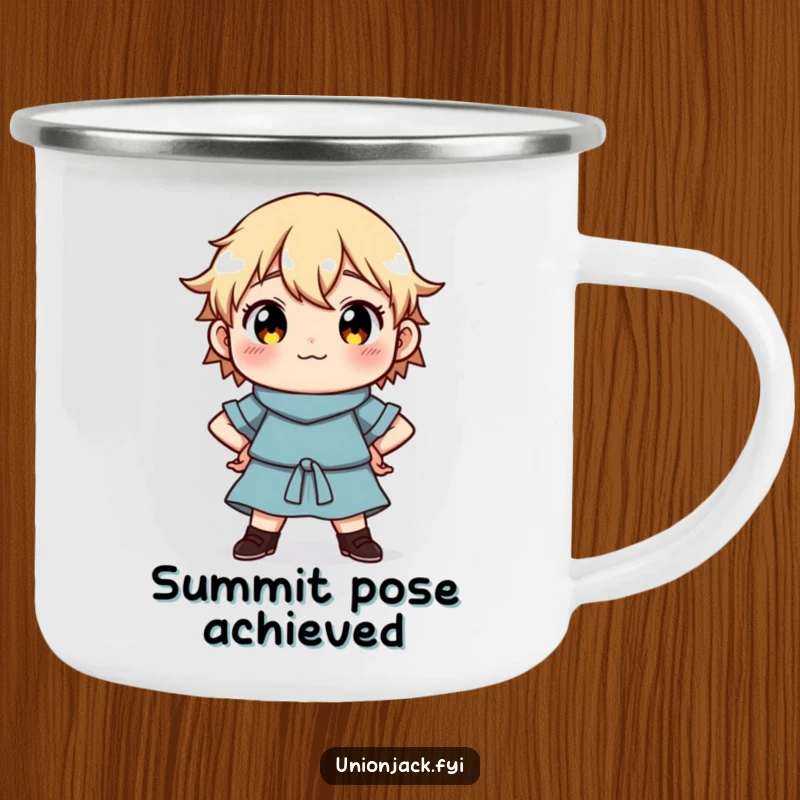 Funny Camping Mug: Character striking a proud pose, ready for outdoor adventures with confidence and determination.