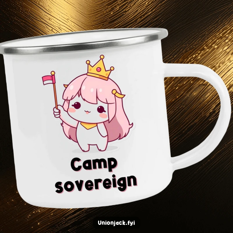 Funny Camping Mug: Character with a small crown and flag, ready for outdoor adventures with a regal touch.