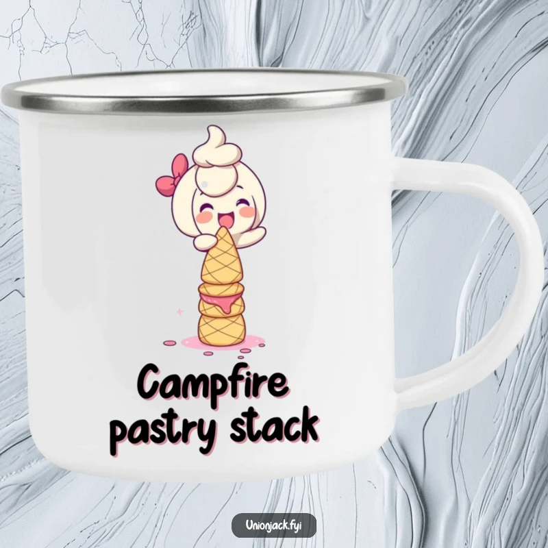 Funny Camping Mug: Character giggling while balancing a tower of scones, perfect for enjoying drinks outdoors with a humorous baking theme.