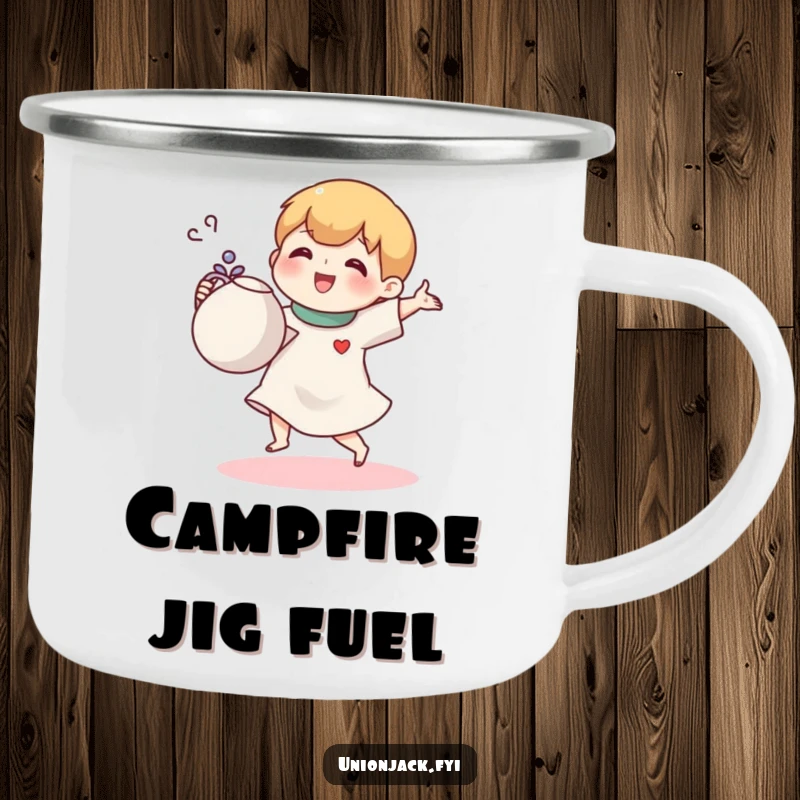 Funny camping mug featuring a small cartoon character joyfully doing a jig with a teapot, perfect for outdoor tea enjoyment.