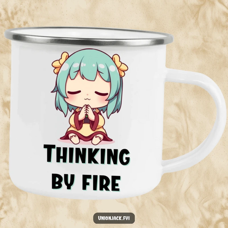 Funny camping mug featuring a character in a pensive pose, ideal for outdoor contemplation and beverages.
