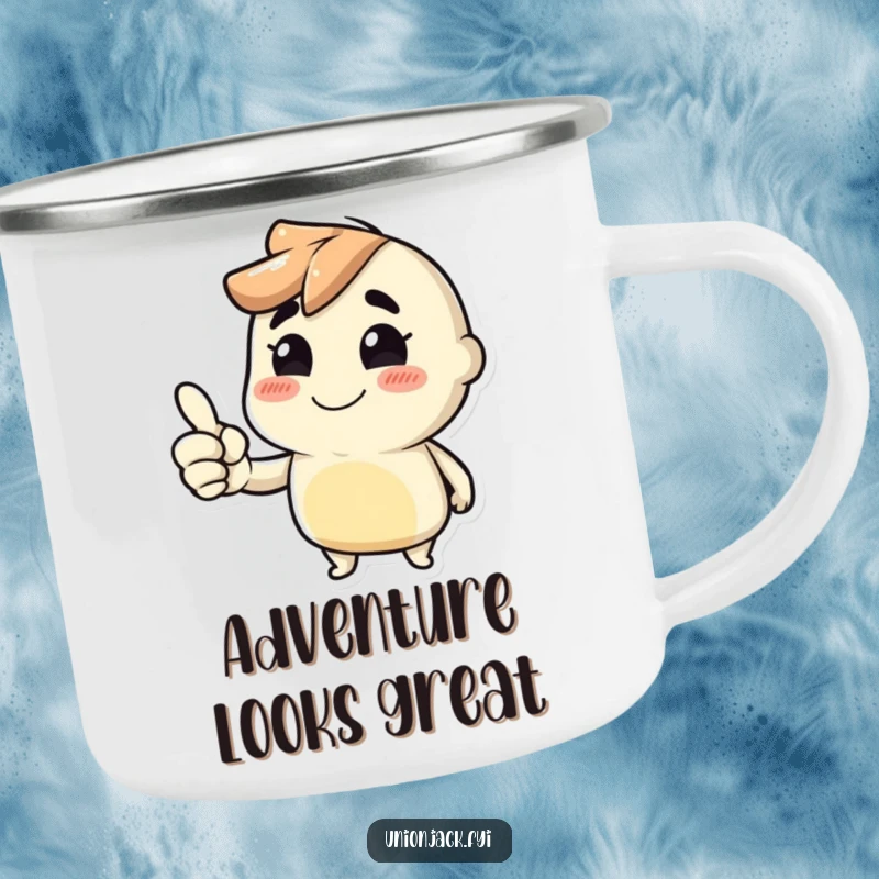 Funny camping mug with a character giving a cheeky thumbs up, perfect for humorous outdoor drinks.