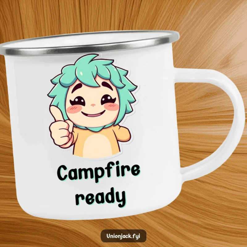 Funny camping mug with a character giving an exaggerated thumbs up and a cheeky grin, humorous outdoor gear.