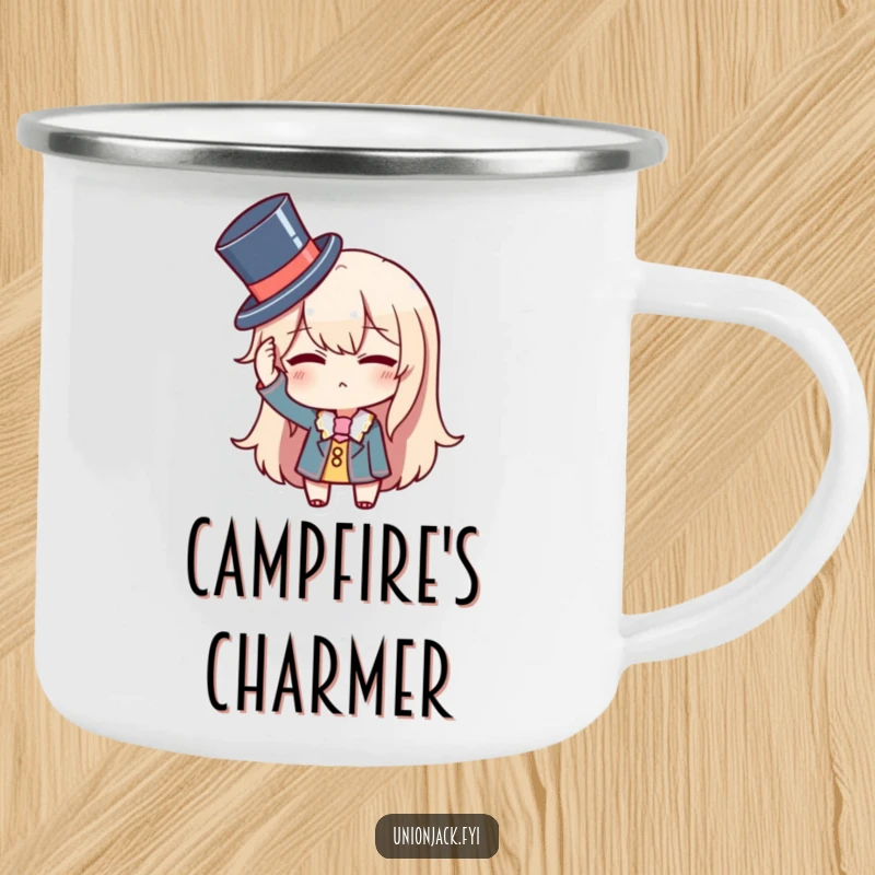 Funny camping mug with a character comically adjusting a tiny top hat and winking, evoking sophisticated outdoor fun and humor.
