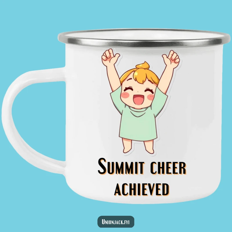 Funny Triumph Camping Mug: Cheering Character's Outdoors - Rugged & Celebratory Funny Gift