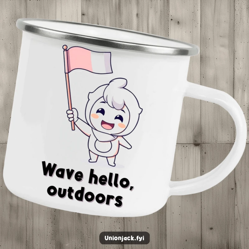 Funny camping mug with a cheerful character enthusiastically waving a flag, perfect for spirited outdoor enjoyment.