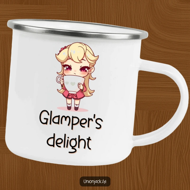 Funny camping mug with a character holding a teacup with an exaggeratedly sophisticated pose, evoking elegant outdoor relaxation and humor.