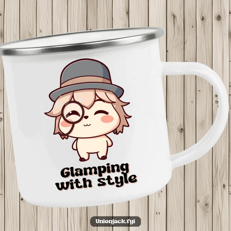 Funny camping mug with a character in a bowler hat and monocle, giving a charming wink, perfect for outdoor enjoyment.