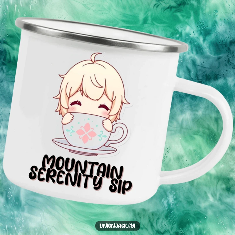 Funny camping mug featuring a content character with a tea cup, perfect for outdoor relaxation.
