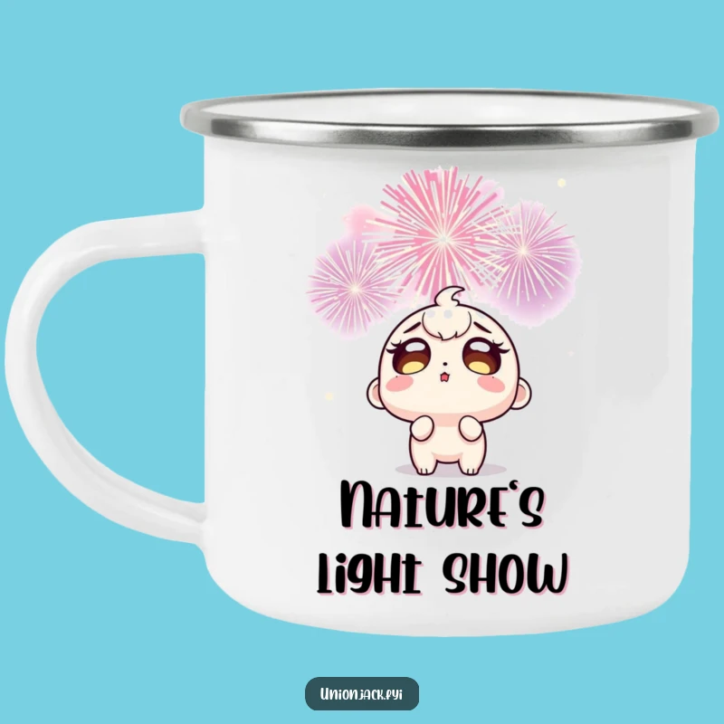 Funny Fireworks Campfire Mug: Wide-Eyed Character's Awe, Outdoor Humor Gift!