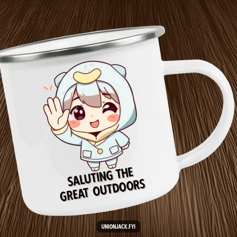 Funny Camping Mug: A character provides an exaggeratedly polite salute, perfect for sipping coffee outdoors.