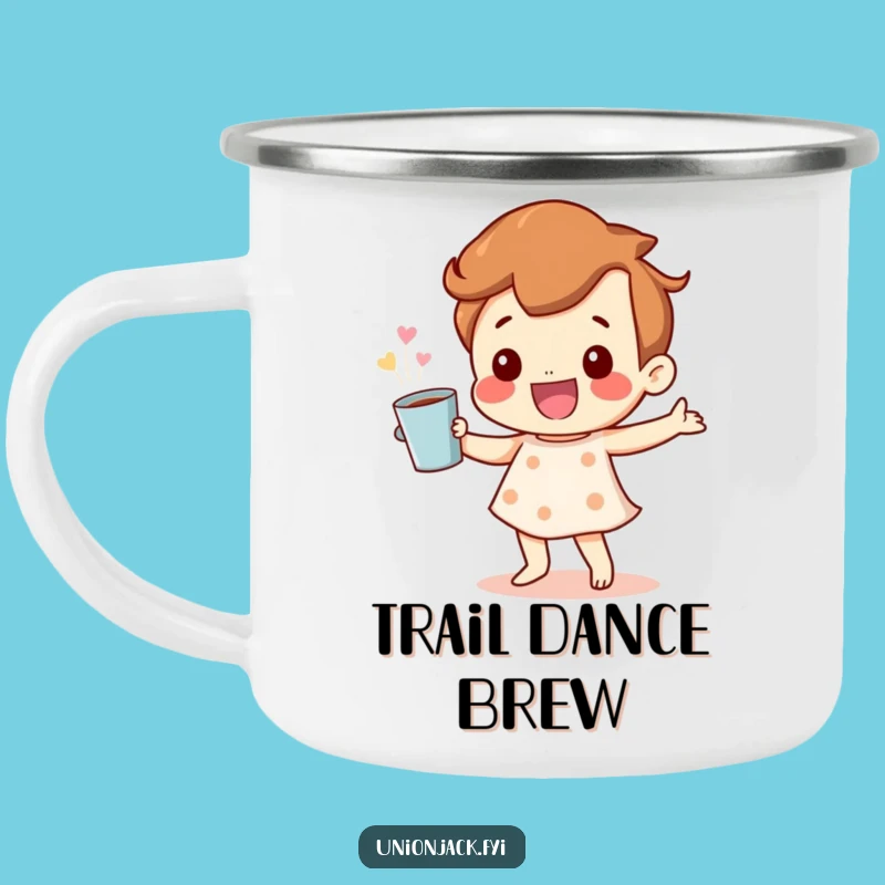 Adventure Funny Mug: Happy Character Dance & Cuppa - Joyful Campfire Companion