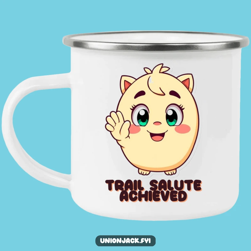 Funny Camping Mug: Happy Character Salutes Outdoors, Rugged and Funny Gift