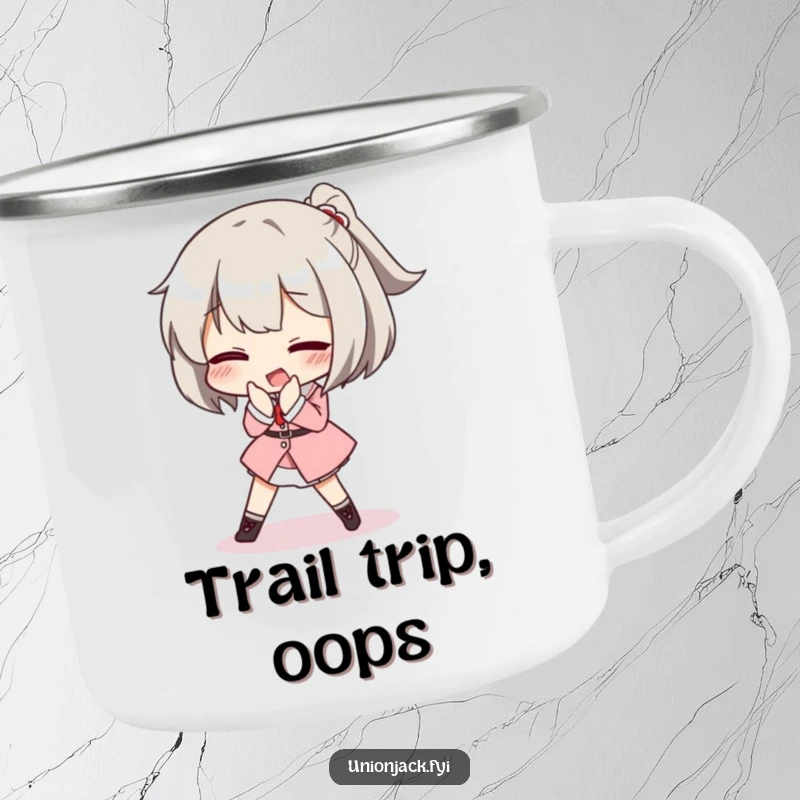 Funny camping mug with a character comically tripping while attempting a posh curtsey, perfect for outdoor enjoyment with a dose of elegant humor.
