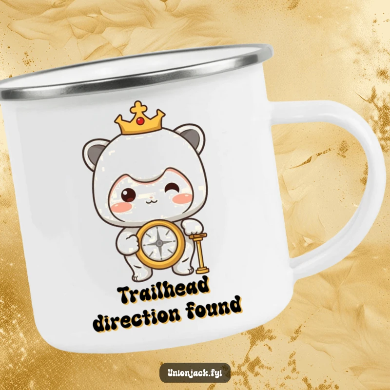 Funny Camping Mug: Character proudly looking at a compass, perfect for enjoying drinks outdoors with a humorous adventure and exploration theme.