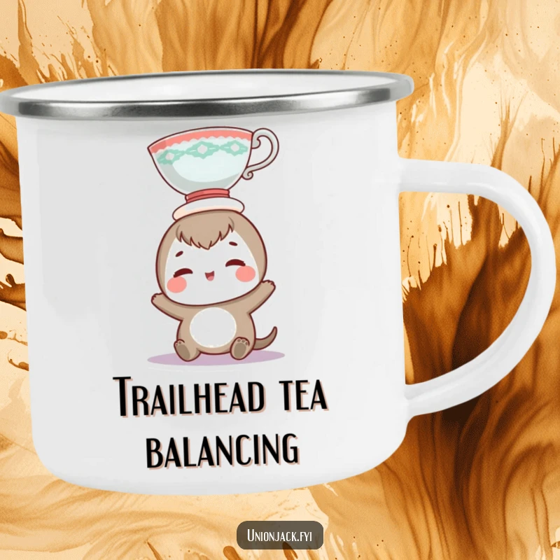 Funny camping mug showcasing a smiling character balancing a teacup on its head, ideal for outdoor adventures and humorous moments.
