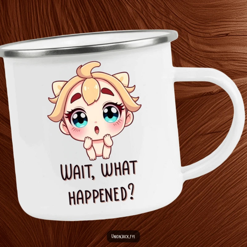 Funny camping mug featuring a surprised character with wide eyes and raised eyebrows, perfect for hot or cold beverages outdoors.