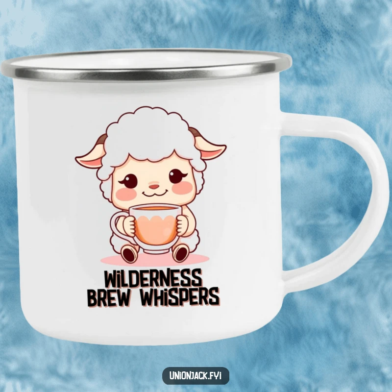 Funny camping mug showing a sheepish character with a bashful smile, offering a warm cup of tea, designed for rugged adventures and cheerful moments.