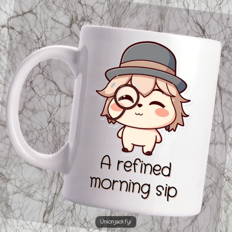 Funny mug featuring a character in a bowler hat and monocle, giving a charming wink, exuding sophisticated humor.
