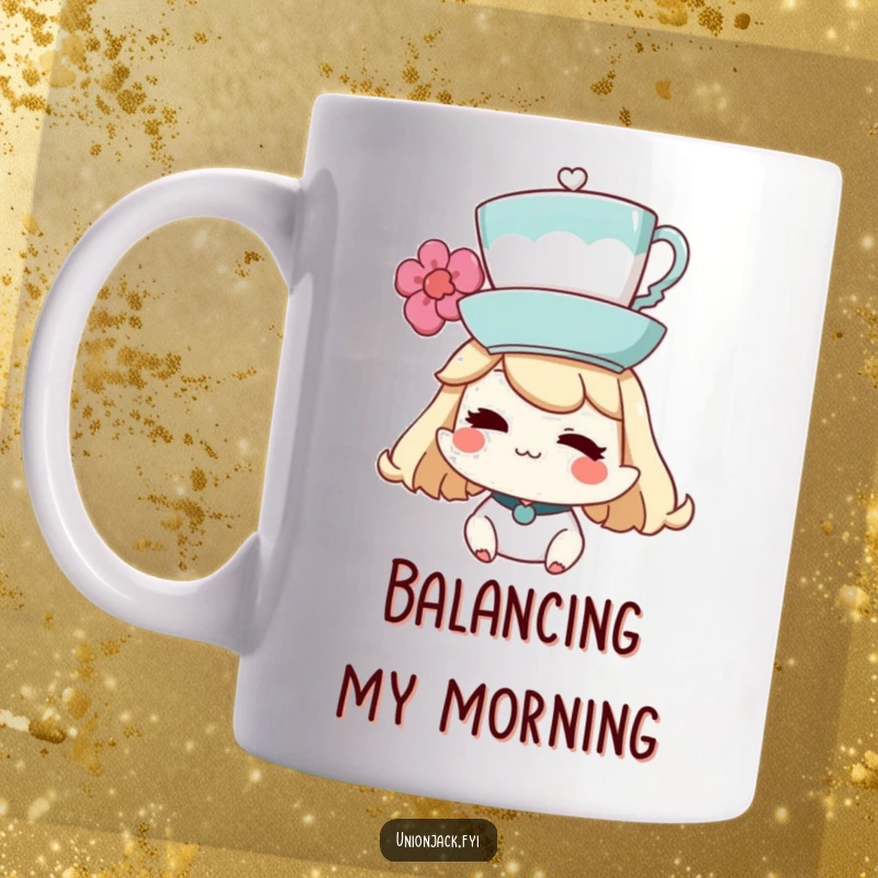 Funny Mug: Character winking playfully while skillfully balancing a teacup on their head, showcasing charm and dexterity.