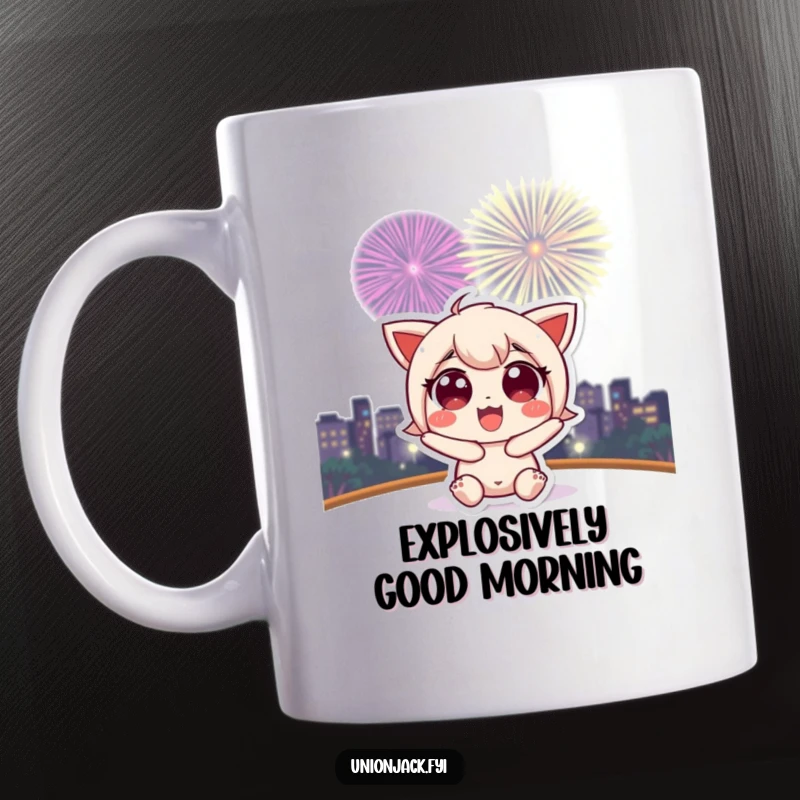 Funny mug showing a cute character with wide, excited eyes looking up at a dazzling fireworks display.
