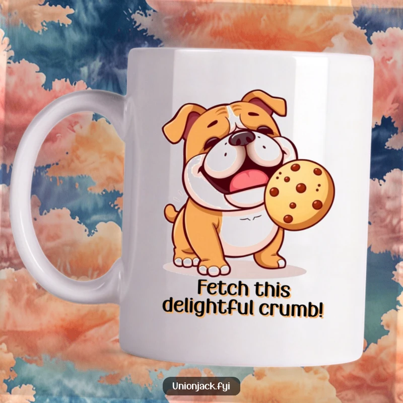 Funny bulldog mug with a cheerful character comically playing fetch with a bouncing scone, celebrating doggy antics.