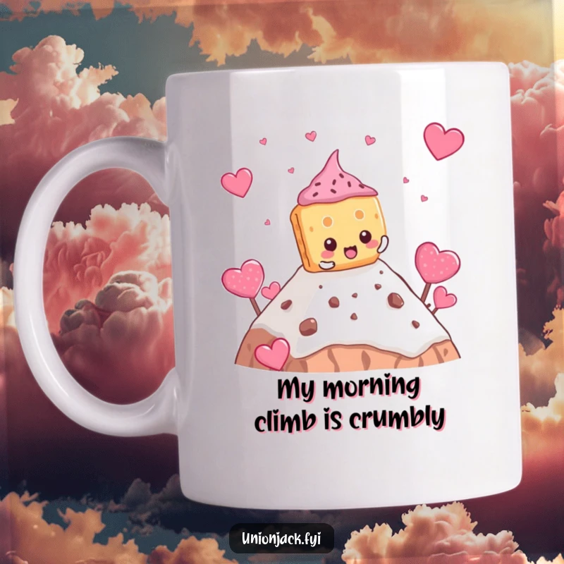 Funny biscuit mug showing a determined character comically climbing a teacake mountain, celebrating perseverance.