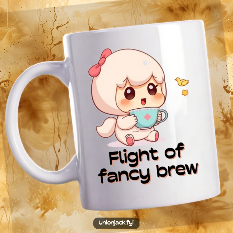 Funny mug showing a cute character with wide, surprised eyes looking at a tiny teacup flying nearby.
