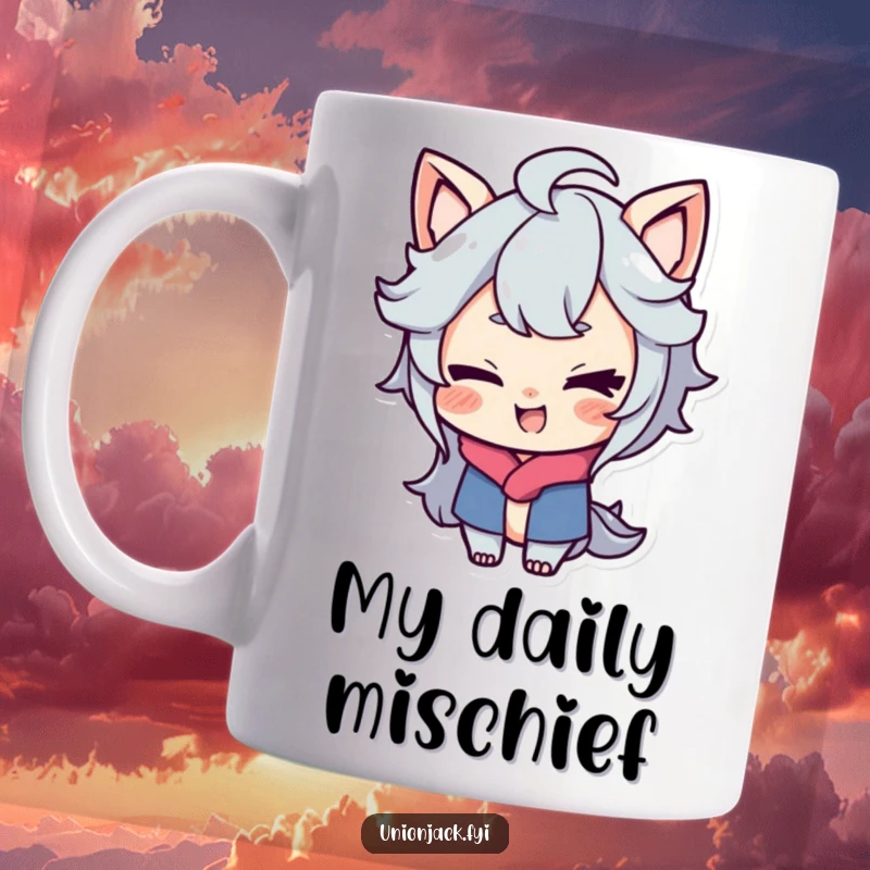 Funny mug showing a character with a playful smirk, giving a cheeky wink, embodying mischief and playful confidence.