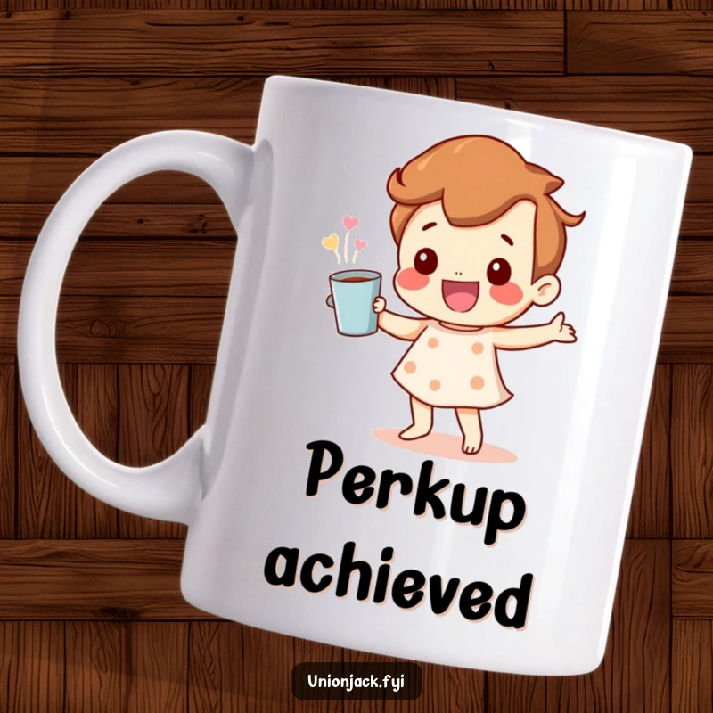 Funny Coffee Mug: A happy character joyfully dancing with a steaming cup of coffee, radiating pure morning delight and energy.