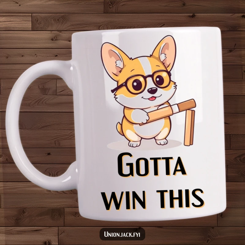 Funny corgi mug shows a determined corgi wearing a monocle, holding a cricket bat, ready to play, exuding focused humor.
