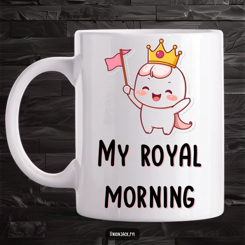 Funny Mug: A cheerful character wearing a tiny crown joyfully waves a small flag, exuding regal fun and happiness.