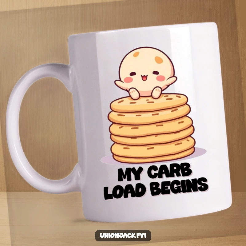 Funny mug featuring a character precariously balancing on a tall stack of delicious crumpets, looking happy and determined. A whimsical breakfast scene.