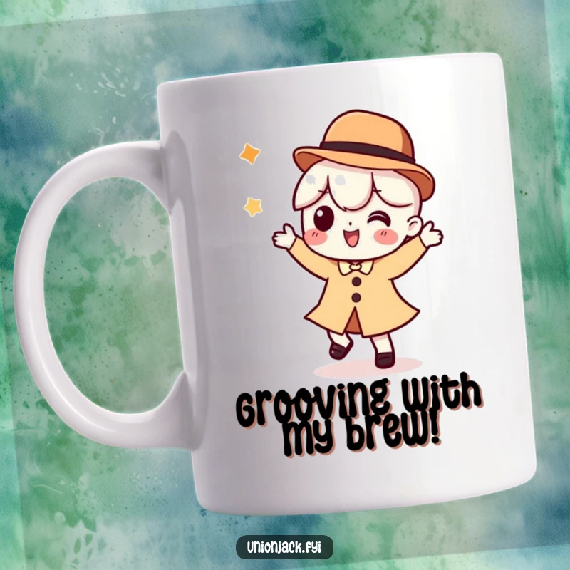 Funny mug featuring a cartoon character doing a comical, silly dance while wearing a dapper bowler hat, full of playful energy.