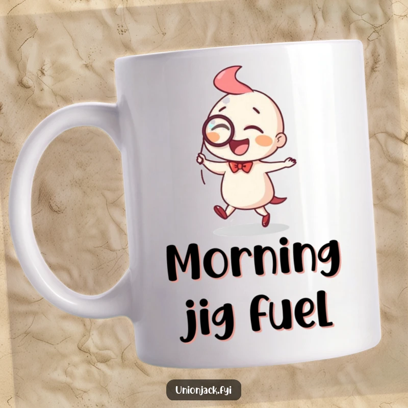 Funny mug showing a character joyfully doing a little jig while wearing a monocle, exuding sophisticated merriment.