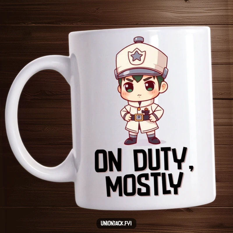 Funny mug showing a character standing rigidly in a comically stiff guard pose, looking serious but undeniably humorous.
