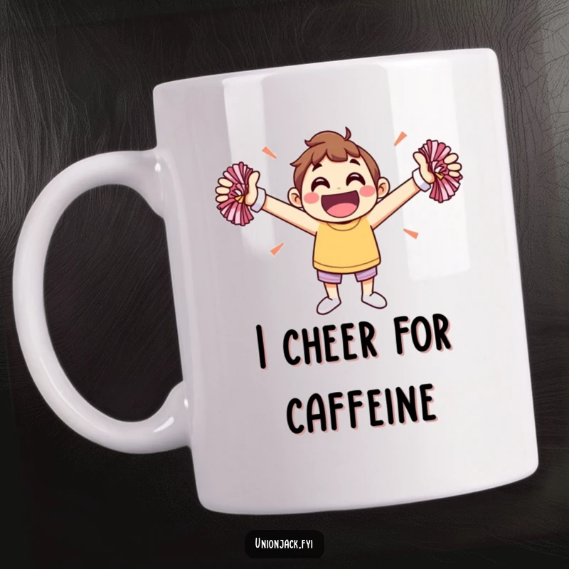 Funny mug featuring a jovial character happily cheering with arms outstretched and pom-poms, embodying pure excitement.