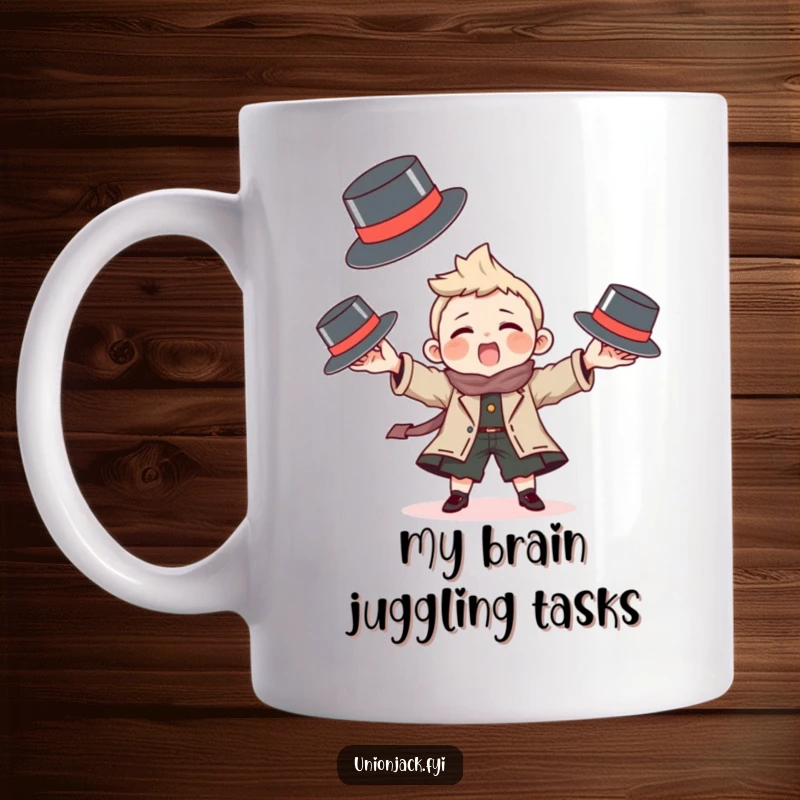 Funny mug showing a character skillfully juggling three tiny bowler hats with a playful expression.