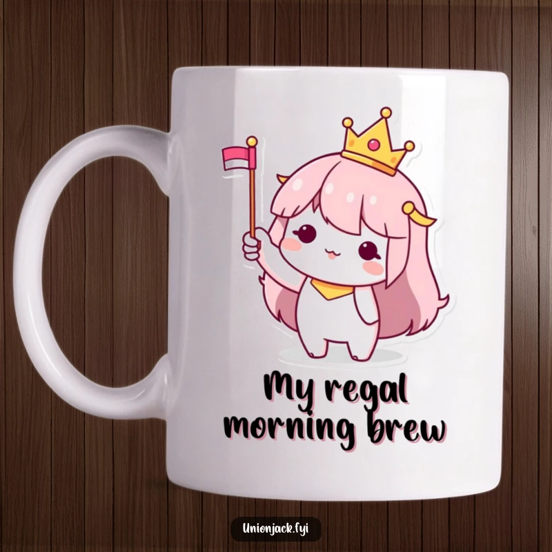 Funny Mug: Character wearing a tiny crown, waving a small flag, exuding playful royalty and cheerful authority.