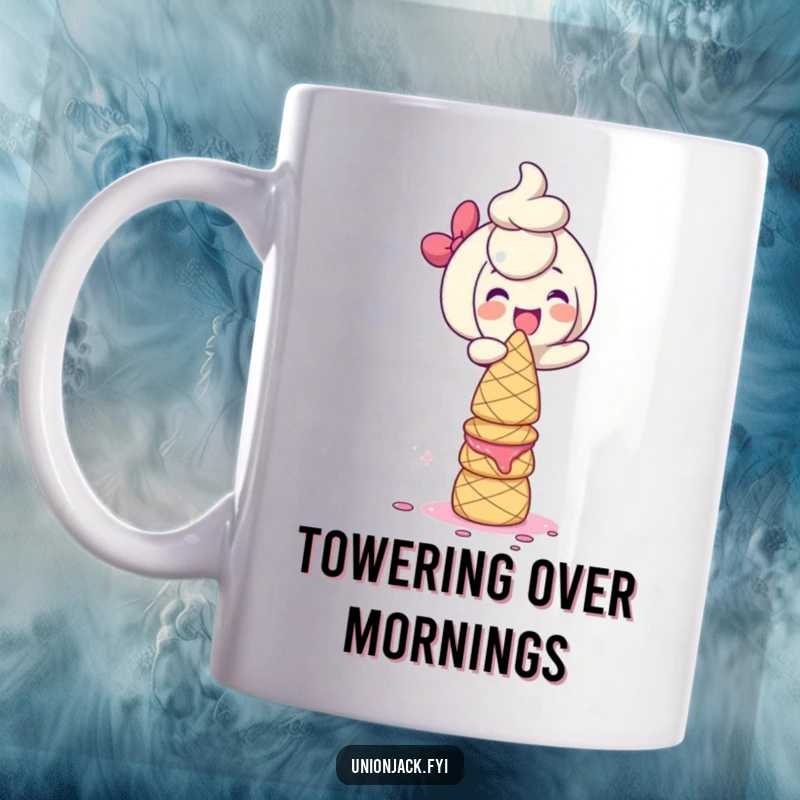 Funny Mug: Character giggling uncontrollably while balancing a tall, unstable tower of small scones, showcasing a sweet and humorous moment.