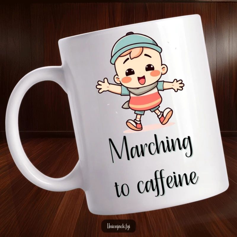 Funny mug showing a character doing a silly march with comically exaggerated steps and a determined, cheerful expression.