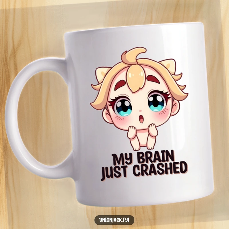 Funny mug featuring a cartoon character with comically wide eyes and raised eyebrows, caught in a moment of utter surprise and disbelief.
