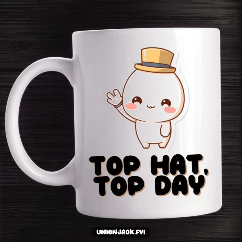 Funny mug featuring a cute character in a tiny top hat giving a cheerful wave, exuding politeness and playful charm.